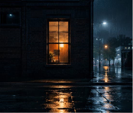 A lit window glowing amber in the rain at night, viewed from the street outside.
