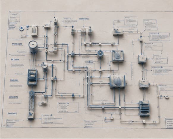 A technical blueprint diagram of pipes, nodes, and data flow rendered as physical infrastructure on an off-white surface.