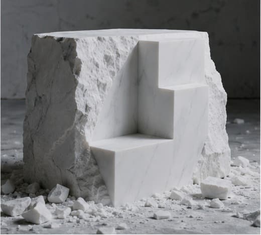 A white marble block mid-carve, clean geometric form emerging from rough stone, chips scattered at the base.